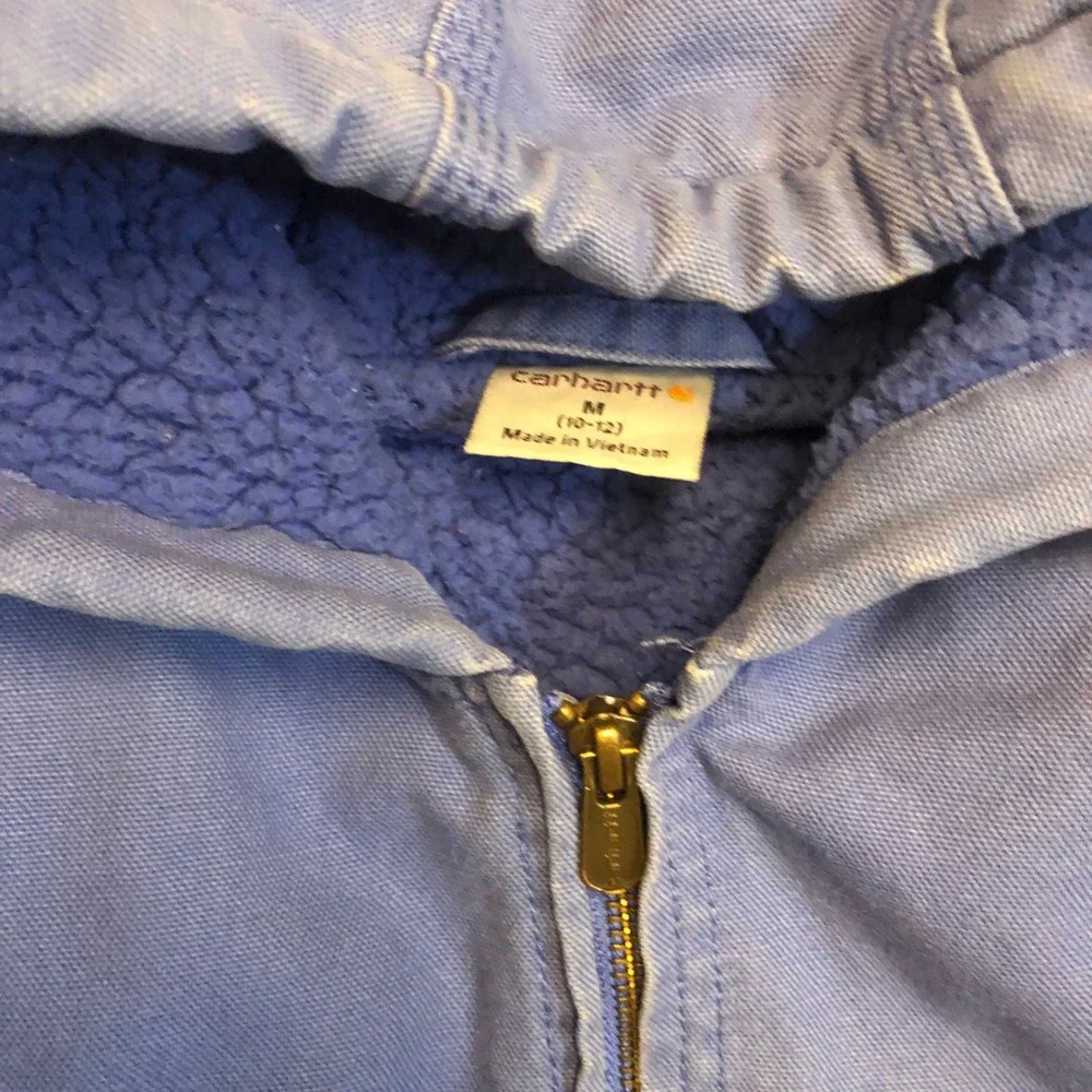 Carhartt Youth Medium Blue Sherpa Lined Canvas Hooded Jacket Workwear Faded